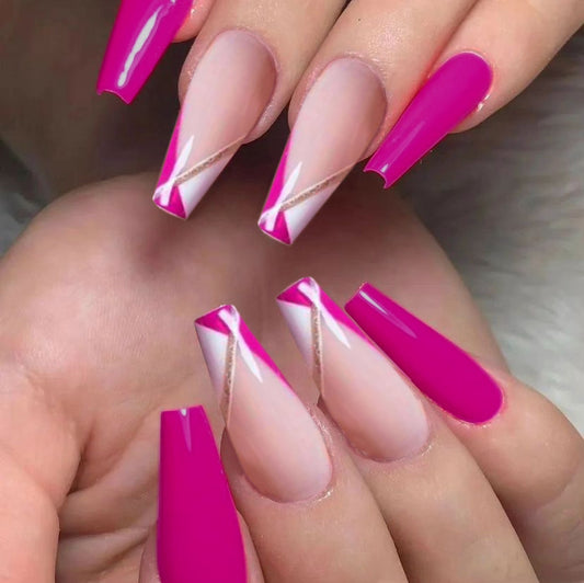 Summer Elegance Extra-Long Coffin Press-On Nail Set in Vibrant Pink with Silver Chevron Accent Design