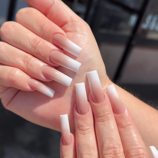 Elegant Bridal Extra-Long Square White Press On Nail Set with Seamless Ombre Design