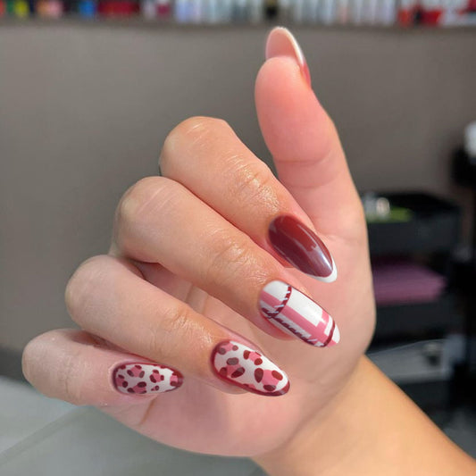 Safari Adventure Long Oval Burgundy and White Press On Nail Set with Animal Print Accents