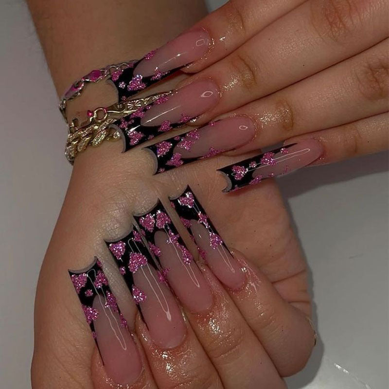 Glamorous Gala Extra-Long Square Pink & Black Glitter Accent Press-On Nail Set