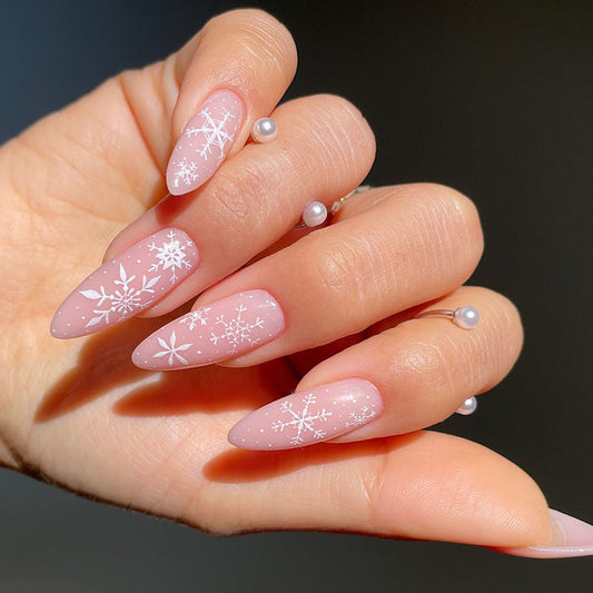 Winter Wonderland Long Stiletto Pale Pink Press On Nails with Snowflake Accents and Pearl Embellishments