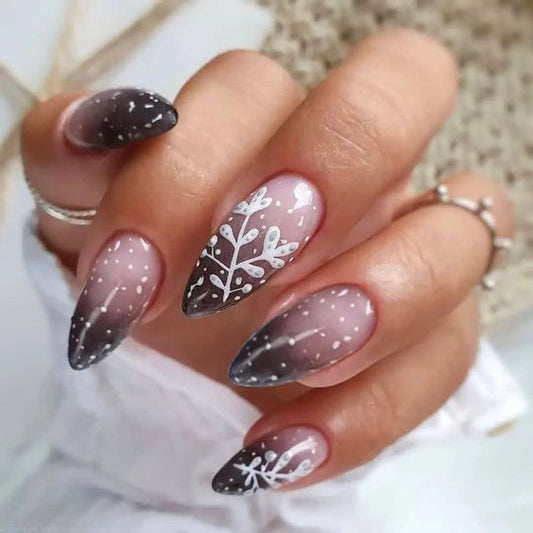 Winter Wonderland Medium Almond Grey Ombre Press On Nail Set with Snowflake Accents