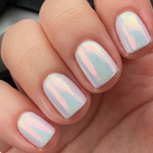 Enchanted Iridescent Unicorn Short Square Press On Nail Set with Holographic Sheen in Pastel Colors