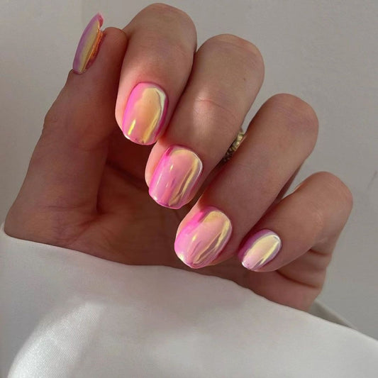 Summer Sunset Medium Squoval Pink Iridescent Press On Nails with Reflective Sheen