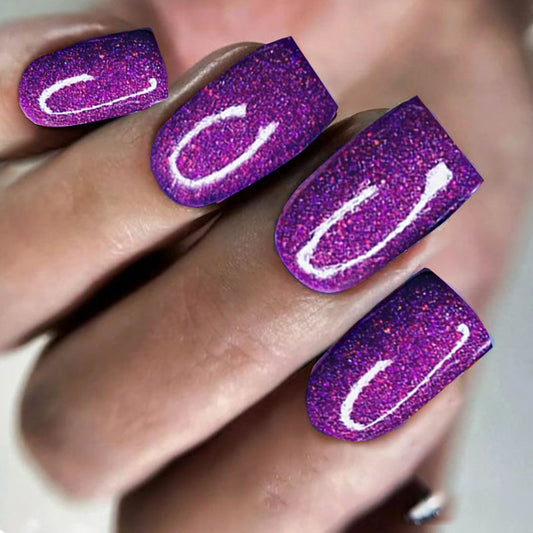 Cosmic Sparkle Short Square Purple Glitter Press On Nail Set with Holographic Accent