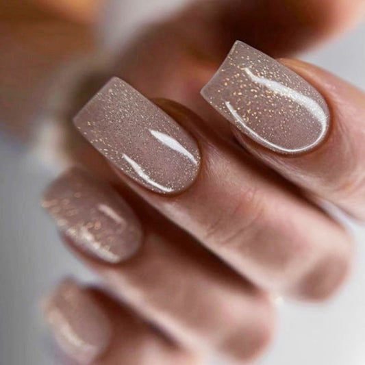 Starry Night Medium Square Shape Taupe Press On Nail Set with Glitter Accent