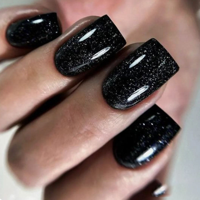 Midnight Sparkle Medium Square Black Glitter Press On Nail Set