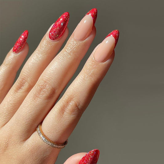 Glamorous Red Glitter Gradient Medium Almond Press On Nail Set in Beige and Sparkling Ruby