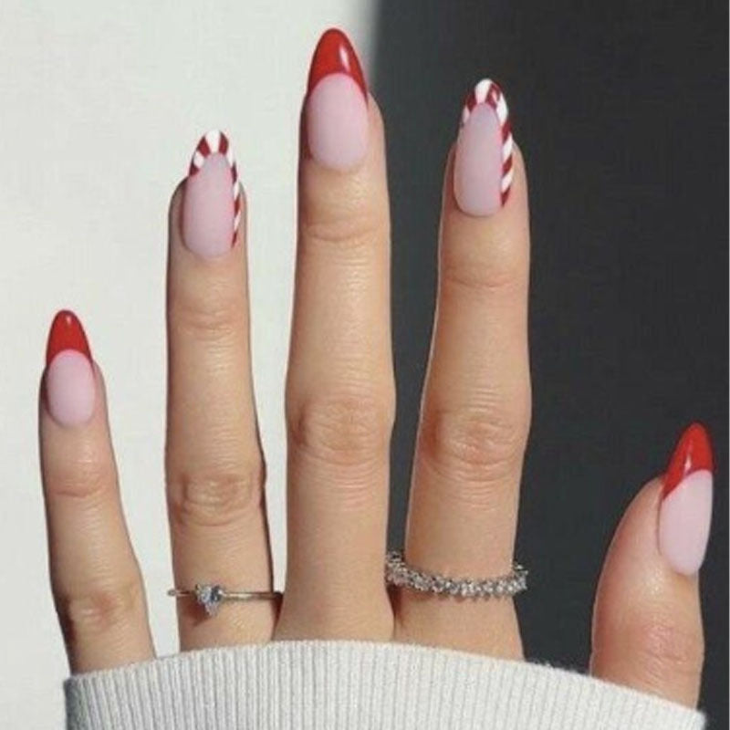 Candy Cane Bliss Medium Almond Pink and Red Press On Nail Set with Striped Detail