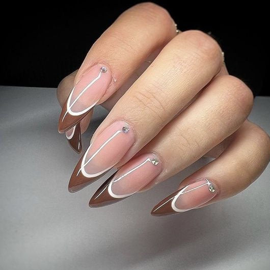 Elegant Soir≈Ωe Long Almond Beige and White Press On Nail Set with Rhinestone Accents