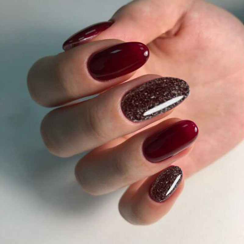 Elegant Evening Medium Oval Burgundy Press On Nails with Sparkling Accent Design