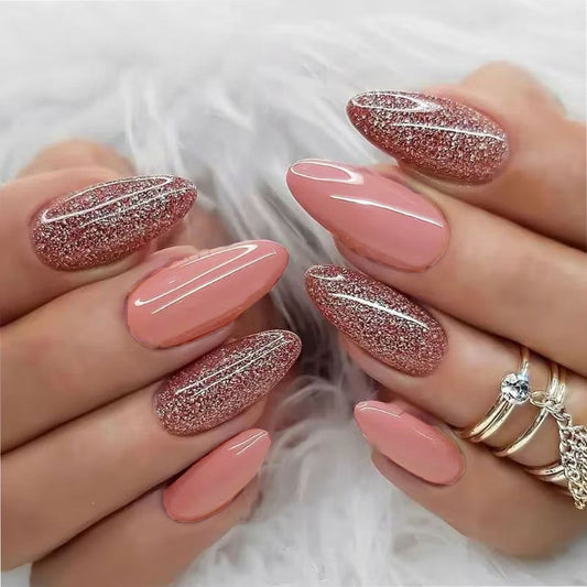 Elegant Evening Long Almond Blush Pink Glitter Accented Press On Nail Set