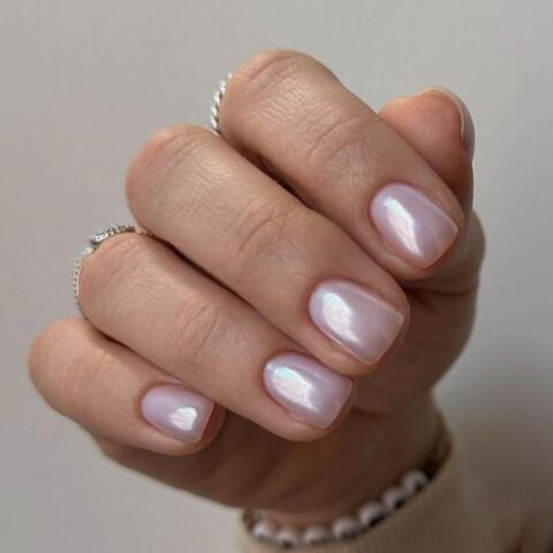 Elegant Iridescent Unicorn Short Square Press On Nail Set in Opalescent Pink with Pearl Sheen Finish