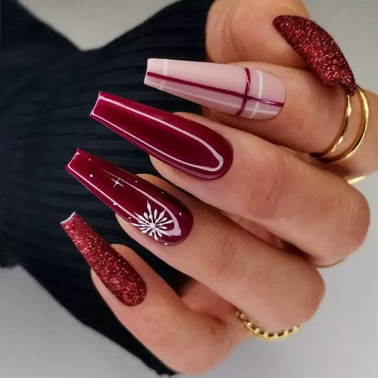 Elegant Maroon Long Coffin Sparkling Glitter Press On Nail Set with Accent Snowflake Design