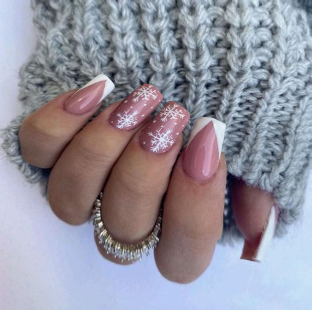 Winter Wonderland Medium Square Pink Press On Nails with Snowflake Accents