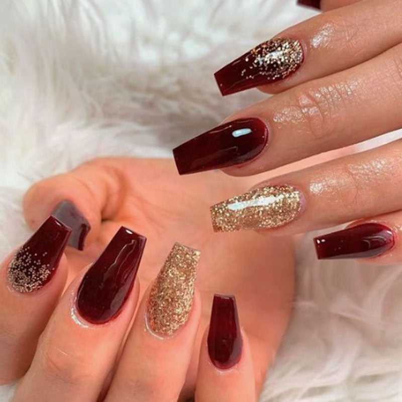 Glamour Night Medium Coffin Burgundy & Glitter Accents Artificial Nail Set