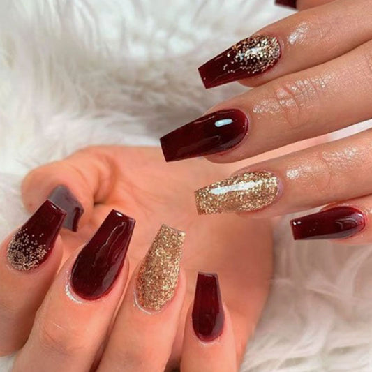 Glamour Night Medium Coffin Burgundy & Glitter Accents Artificial Nail Set