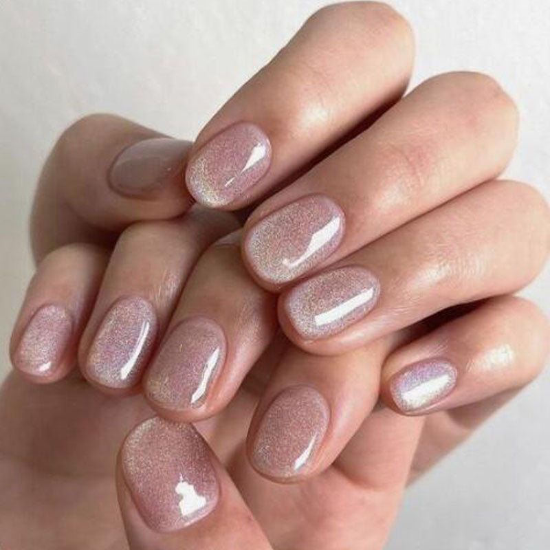 Elegant Sparkle Medium-Length Squoval Beige Shimmer Press On Nail Set with Iridescent Finish