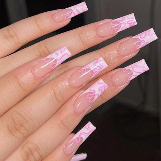 Magic Swirl Enchantment Extra-Long Square Beige Press On Nails with Pink Swirl Accents
