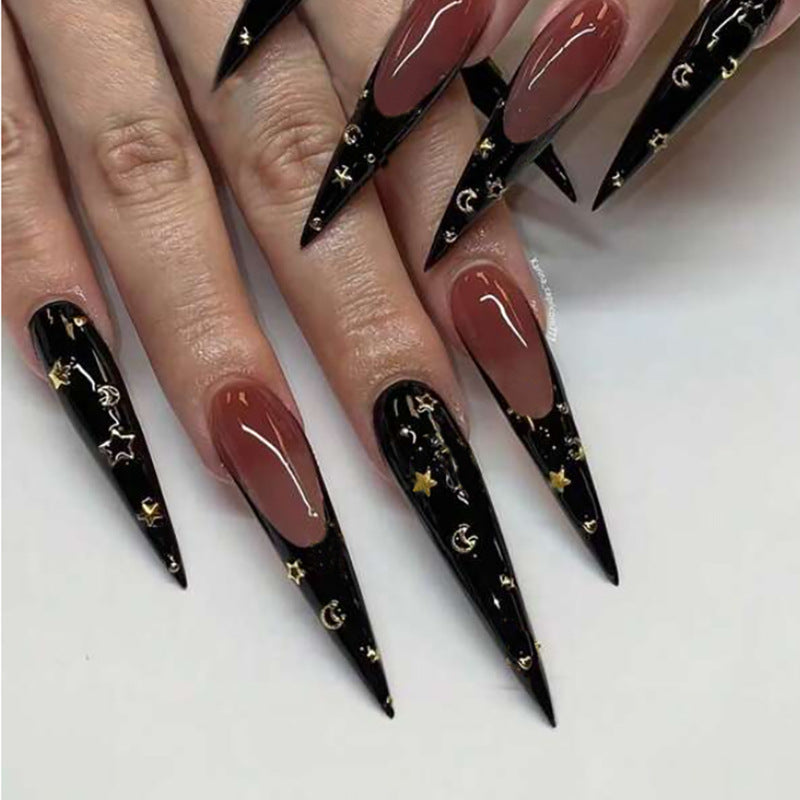 Celestial Elegance Extra-Long Stiletto Black and Beige Press On Nail Set with Gold Accents