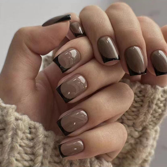 Cozy Elegance Short Length Square Taupe Press On Nails with Sleek Black Accents