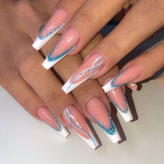 Chic Elegance Long Coffin Peach White Ombre Press On Nail Set with Sparkling Glitter Accents