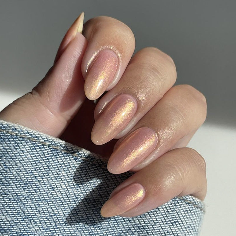 Elegant Glow Medium Oval Peach Press On Nails with Iridescent Shimmer Finish