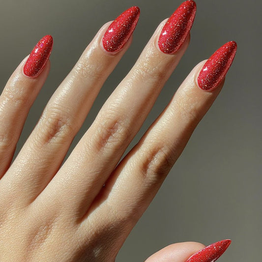 Glamour Night Long Almond Ruby Red Glitter Press On Nail Set for Fashionable Manicure