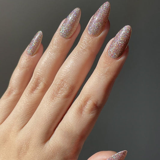 Enchanted Sparkle Medium Almond Pale Pink Glitter Press On Nail Set with Holographic Shine