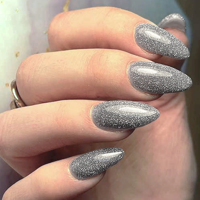 Starry Night Medium Almond Silver Glitter Press On Nail Set with Shimmer Finish