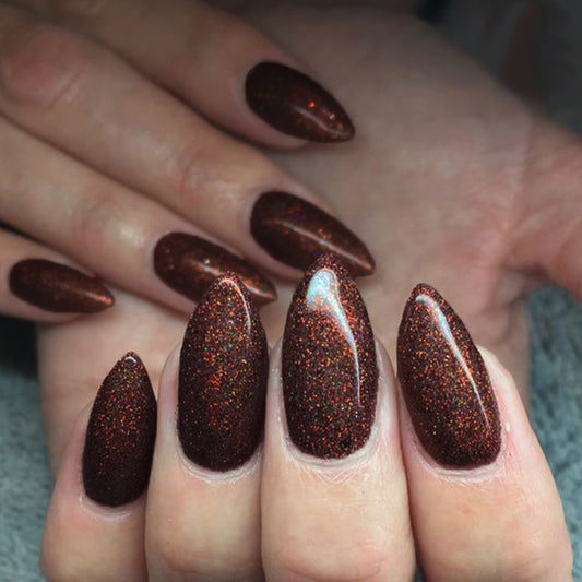 Autumn Elegance Medium Almond Brown Glitter Press On Nail Set with Holographic Sparkle