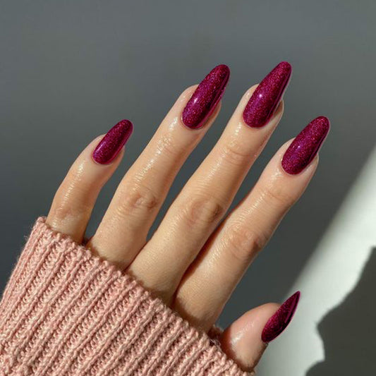 Glamorous Evening Long Almond Burgundy Glitter Press On Nail Set for Fashionable Style