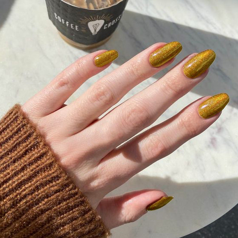Autumn Elegance Long Almond Golden Glitter Finish Press On Nail Set