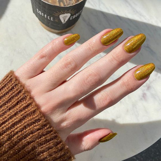 Autumn Elegance Long Almond Golden Glitter Finish Press On Nail Set