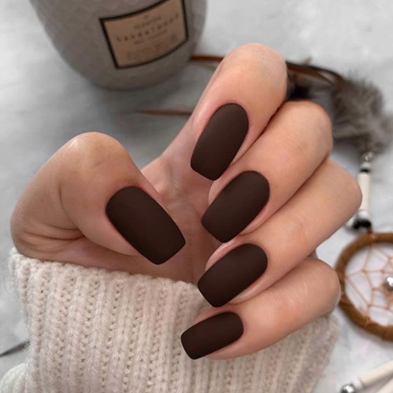 Autumn Elegance Long Square Matte Chocolate Brown Press On Nail Set with Seamless Finish