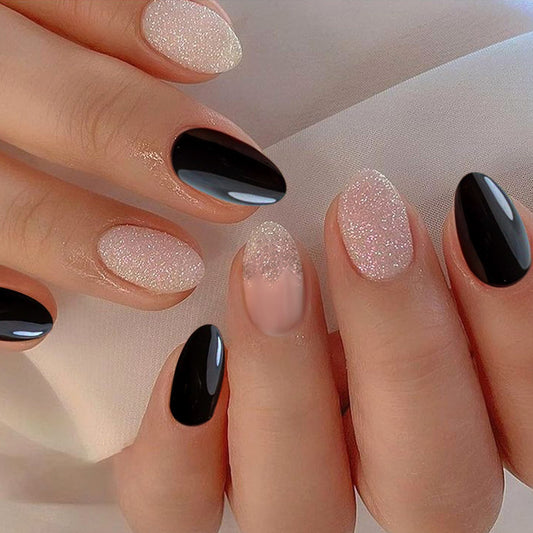 Elegant Evening Glam Short Almond Black and Beige Glitter Press-On Nail Set