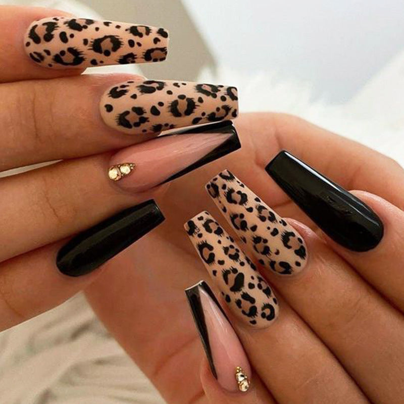 Safari Chic Long Coffin Beige and Black Leopard Print Press On Nail Set with Gemstone Accents