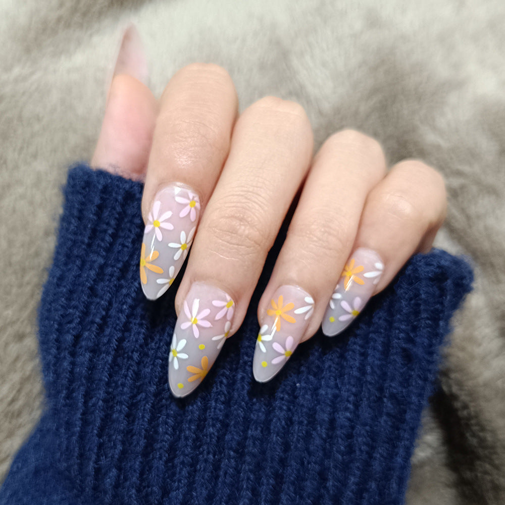 Spring Blossom Fantasy Long Almond Gray Floral Accented Press On Nail Set