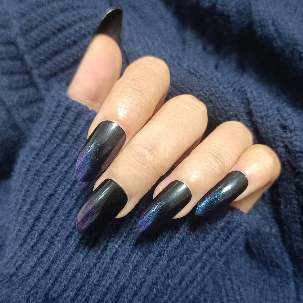 Midnight Magic Medium Oval Shaped Press On Nail Set with Black to Blue Ombre and Shimmer Finish