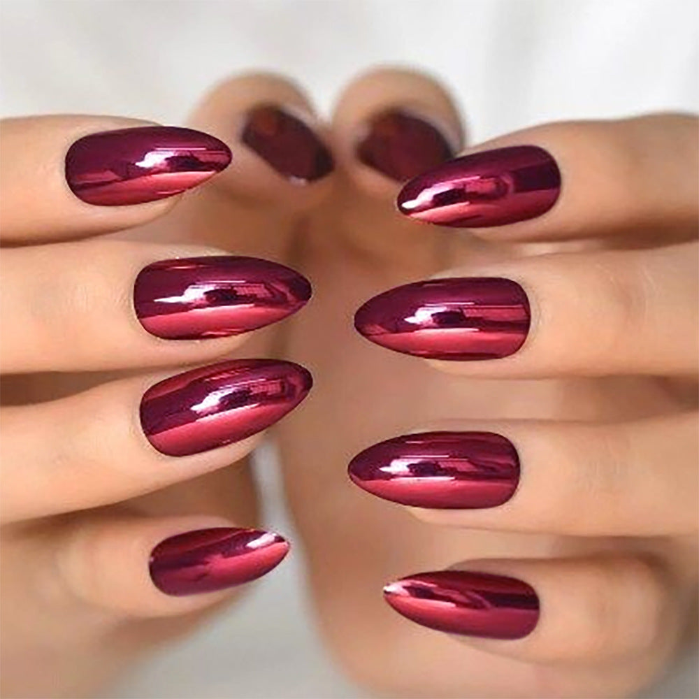 Vampire Chic Long Almond Burgundy Press On Nails with High Gloss Mirror Finish