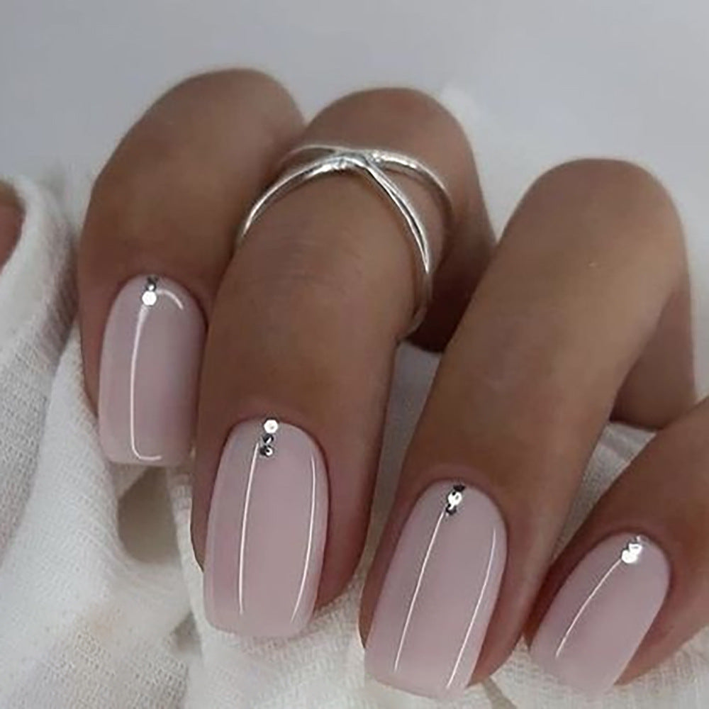Elegant Bridal Bliss Medium Square Baby Pink Press On Nail Set with Rhinestone Accents