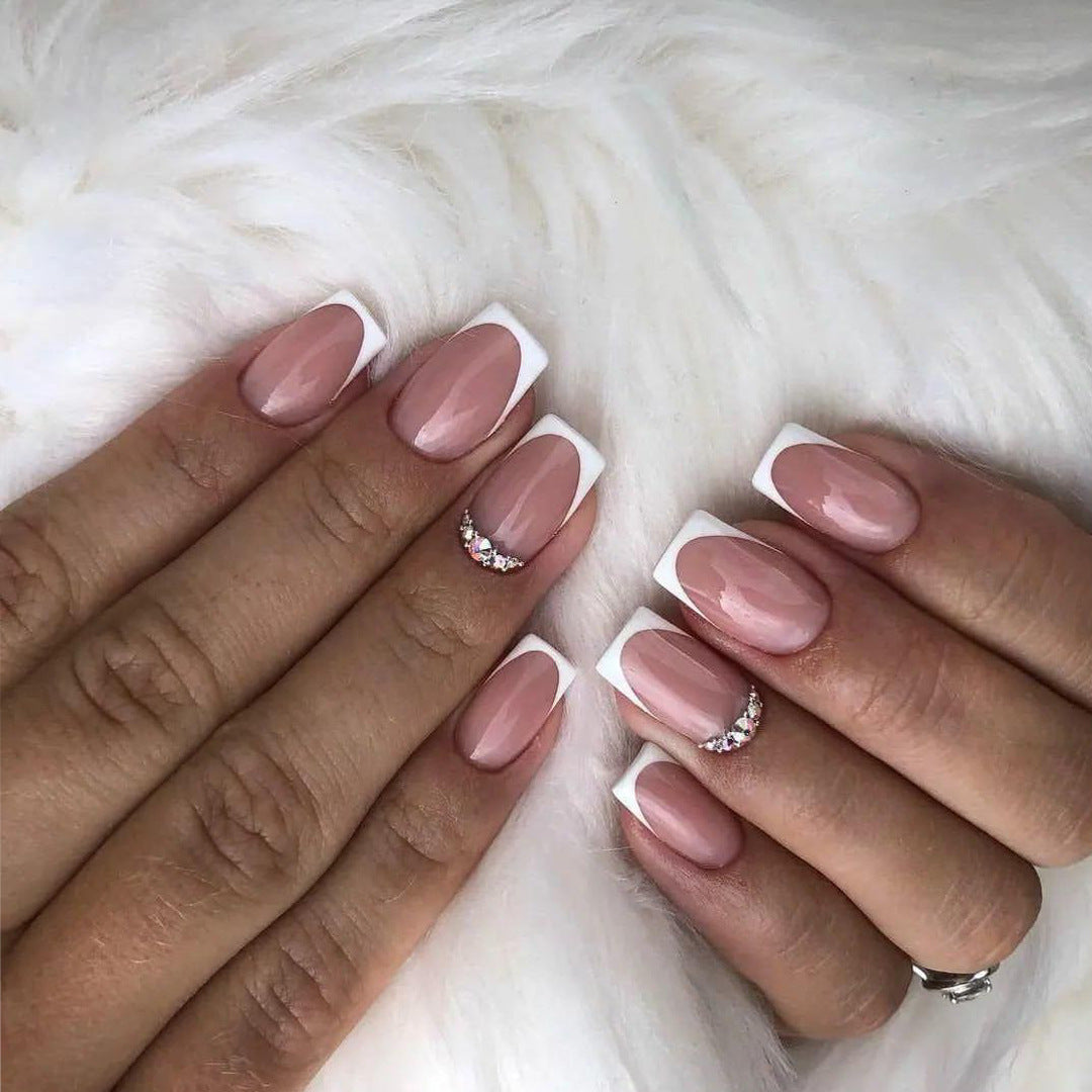 Elegant Bridal Medium Square French Tip Press On Nail Set with Rhinestone Accents Pink and White