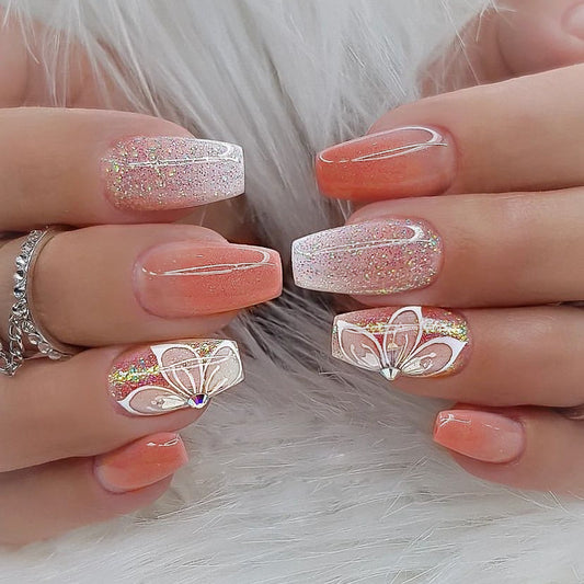 Enchanted Elegance Medium Coffin Peach Glitter Press On Nail Set with 3D Butterfly Accents