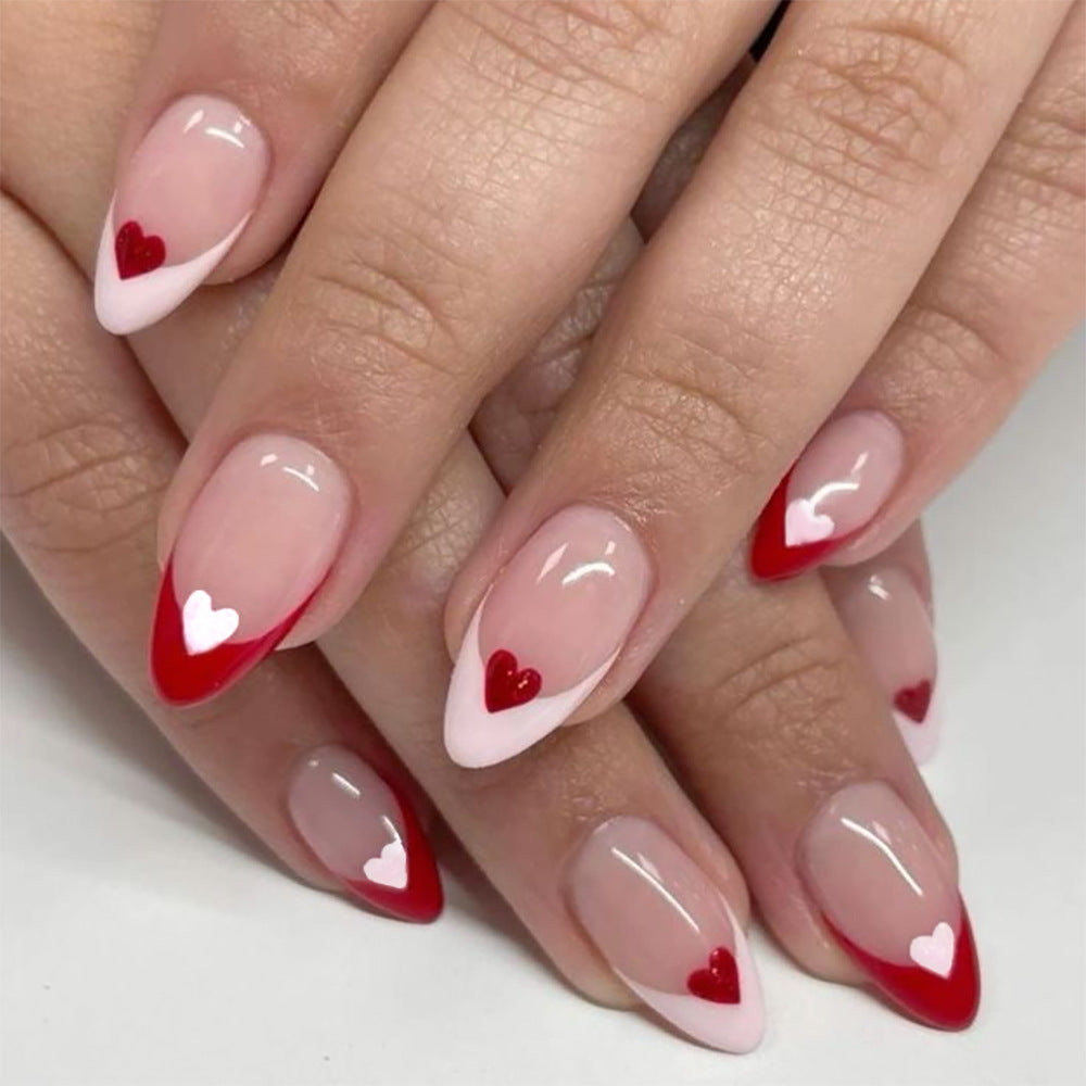 Valentine's Romance Medium Almond Beige and Red Ombre Press-On Nail Set with Heart Accents