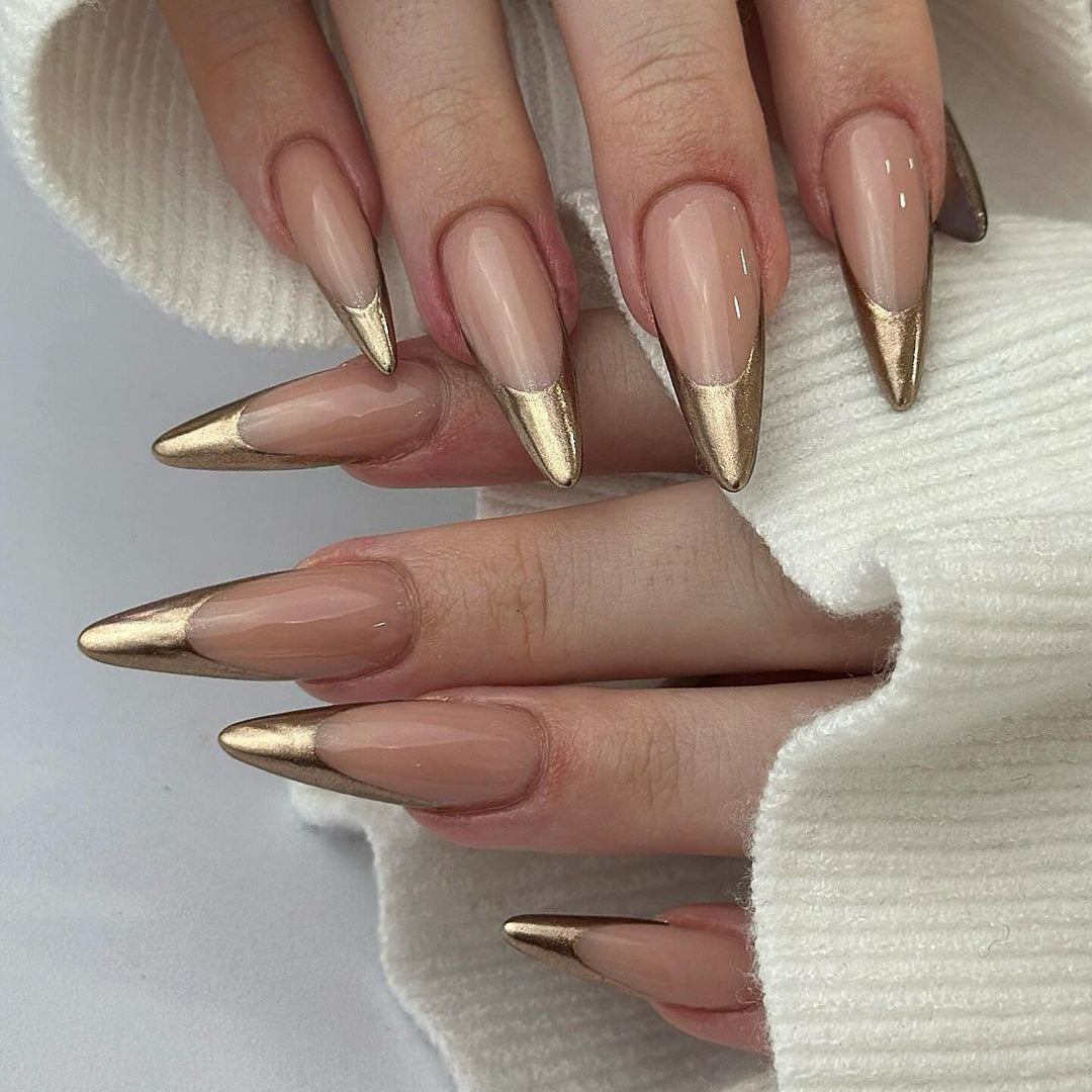 Glamorous Elegance Long Stiletto Beige and Gold Press On Nail Set with Metallic Accents