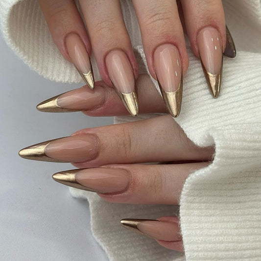 Glamorous Elegance Long Stiletto Beige and Gold Press On Nail Set with Metallic Accents