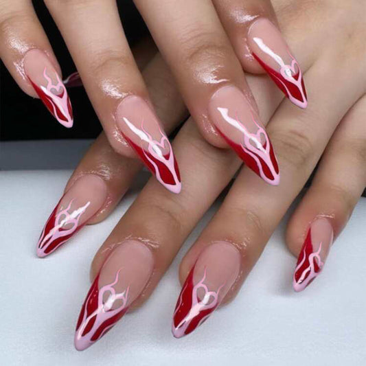 Flame Rendezvous Long Almond Pink and Red Press On Nail Set with Fire Accent Design