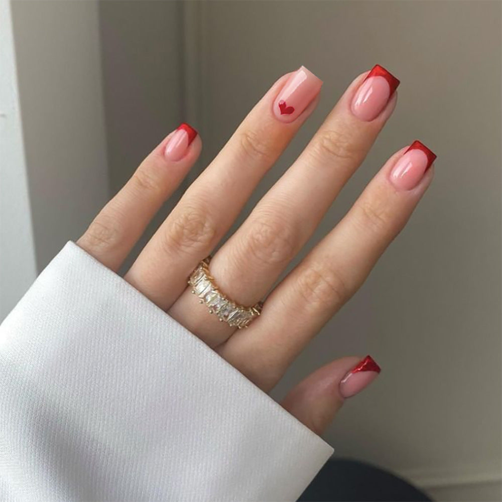 Valentine's Day Romance Medium Coffin Pink and Red Ombre Press On Nails with Heart Accent