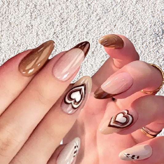 Boho Chic Medium Almond-Shaped Press On Nail Set in Earthy Tones with Intricate Heart Designs
