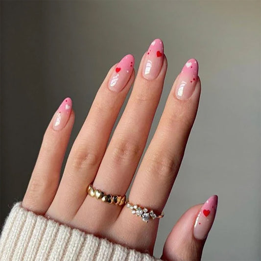 Romantic Valentine's Long Almond Pink Press On Nail Set with Heart Accents and Glitter Highlights